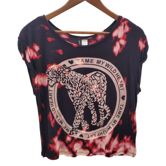 Divided Womens Black Pink Tie Dyed Tiger Crop Top Size 2 Upccyled Bleached Y2K - Picture 1 of 9